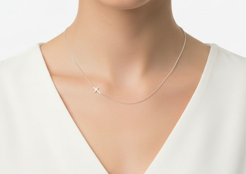 Sterling Silver Slim Sideways Cross Necklace • Religious Jewelry