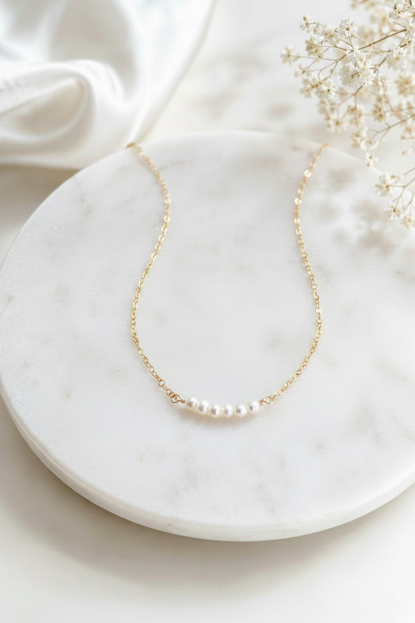 TINY White Freshwater Pearl Bar Necklace • Sterling Silver & Gold Filled