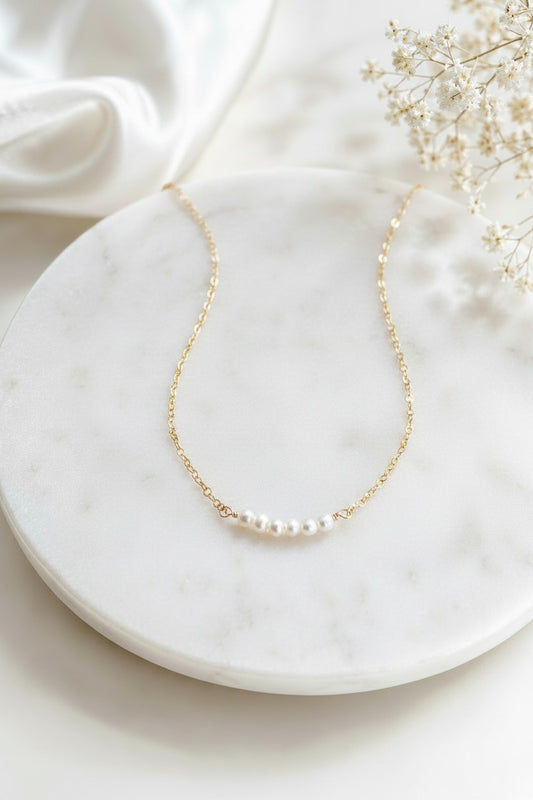 TINY White Freshwater Pearl Bar Necklace • Sterling Silver & Gold Filled